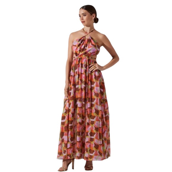 Brand New ASTR The Label Sivana Halter Maxi Dress in Red Brown Multi Size Large - Picture 2 of 14